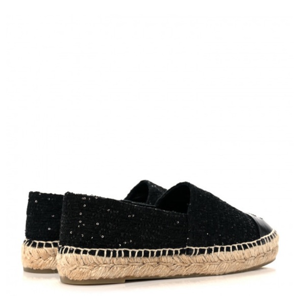 CHANEL Tweed Patent Goatskin Sequin CC Espadrilles 39 Black - Picture 4 of 6